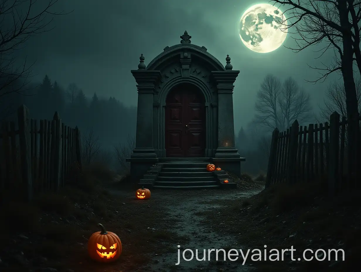 Realistic-Halloween-Horror-Graveyard-Scene-with-Pumpkins-and-Temple