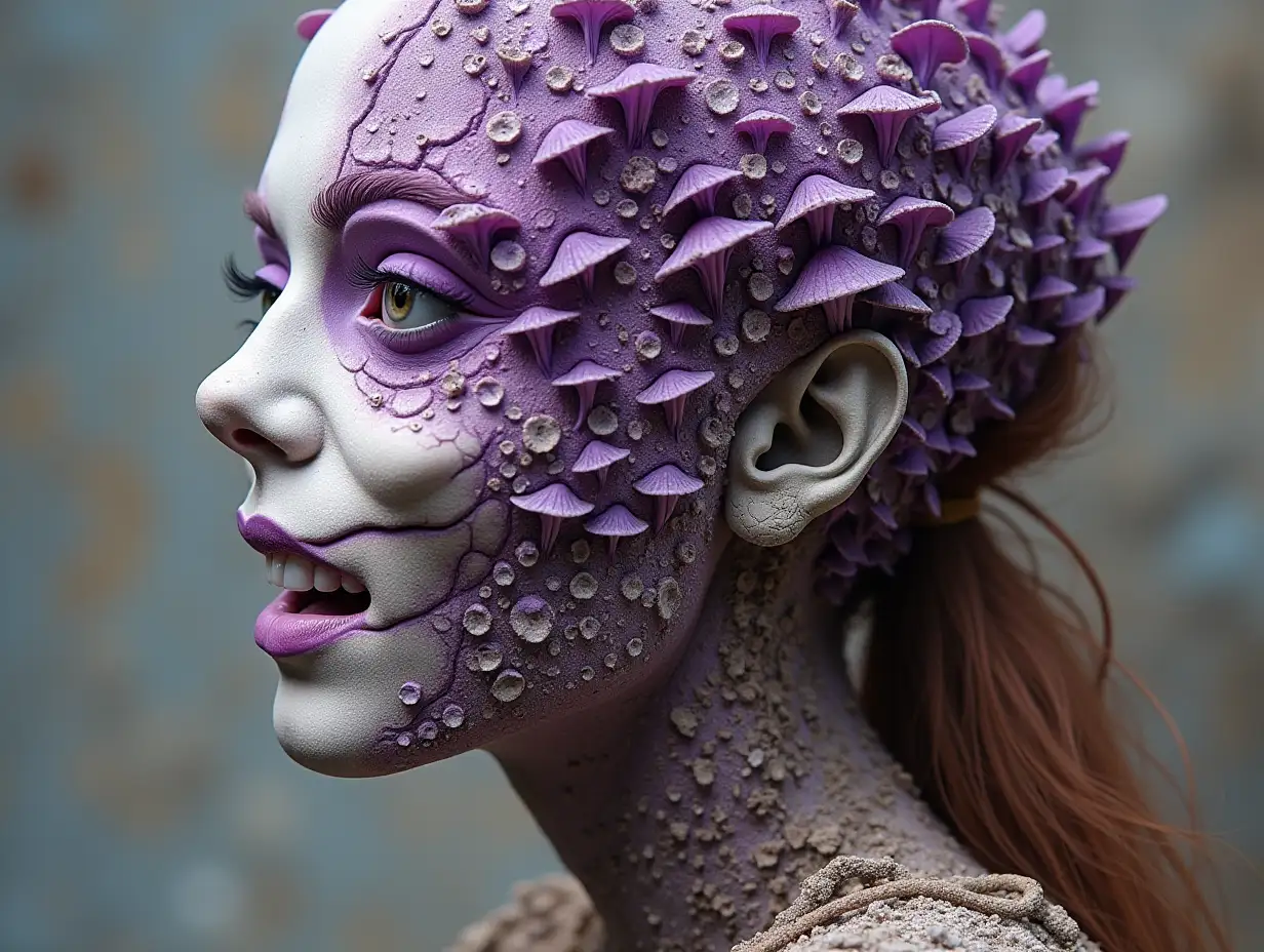 Face transformed into building with purple and white Fly Agaric roots