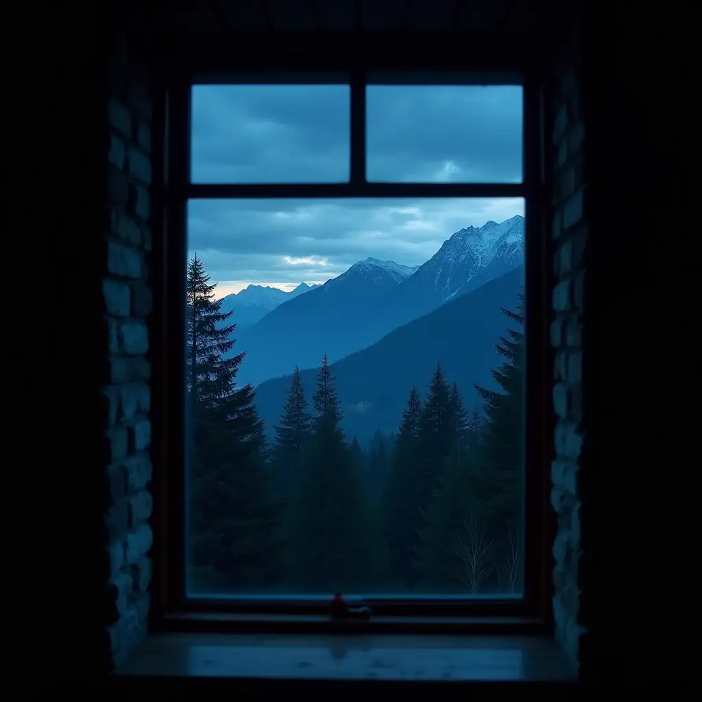 view out of a traditional window,mountains at night, forrest