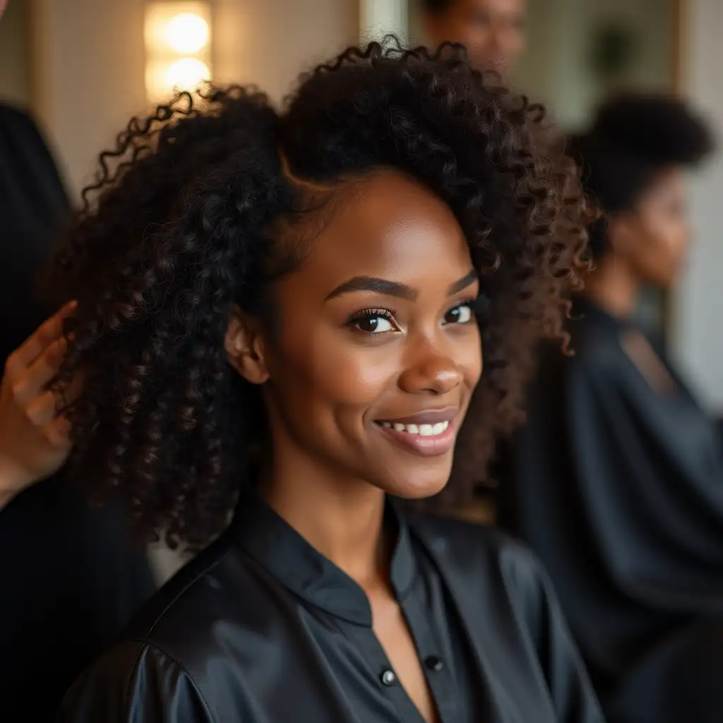 Beautiful African American Woman Getting Her Hair Done in a Salon