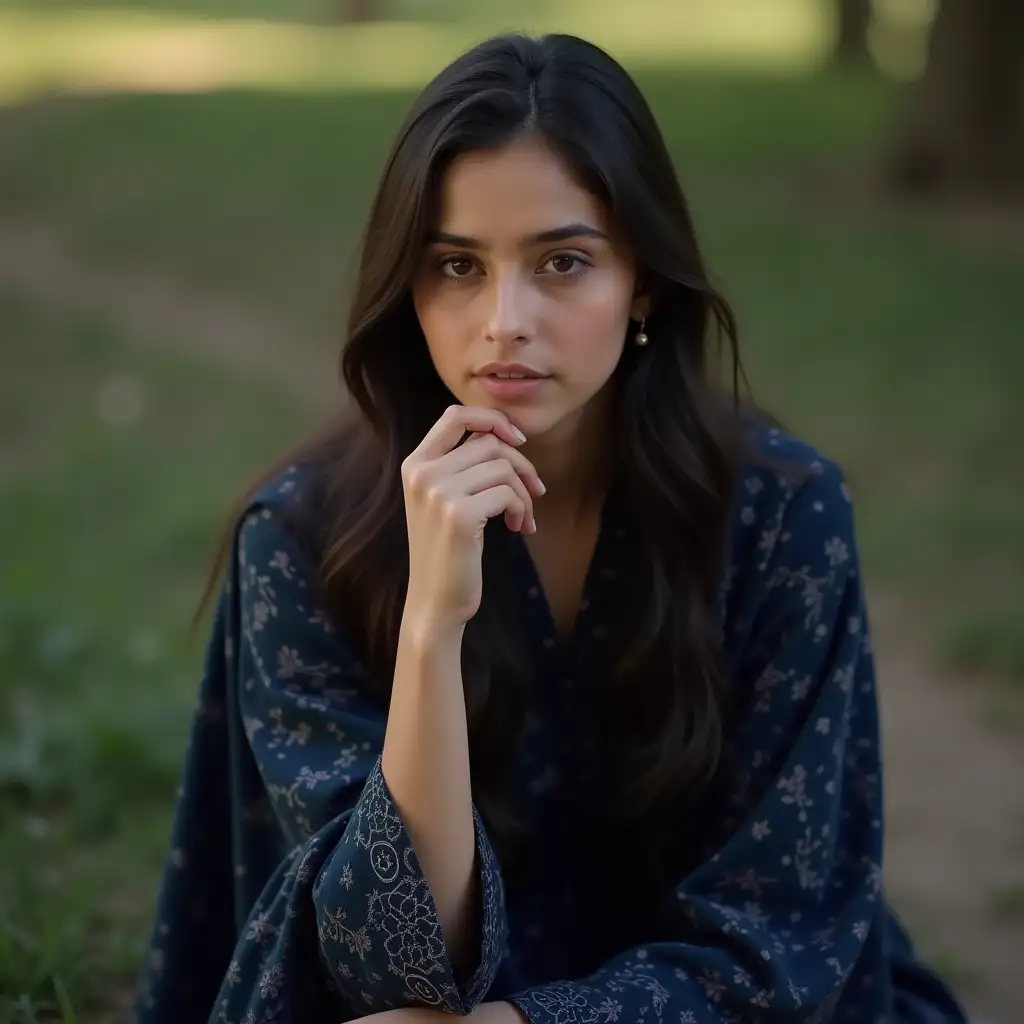 Thoughtful-Young-Woman-in-Dark-Blue-Salwar-Kameez-Outdoors