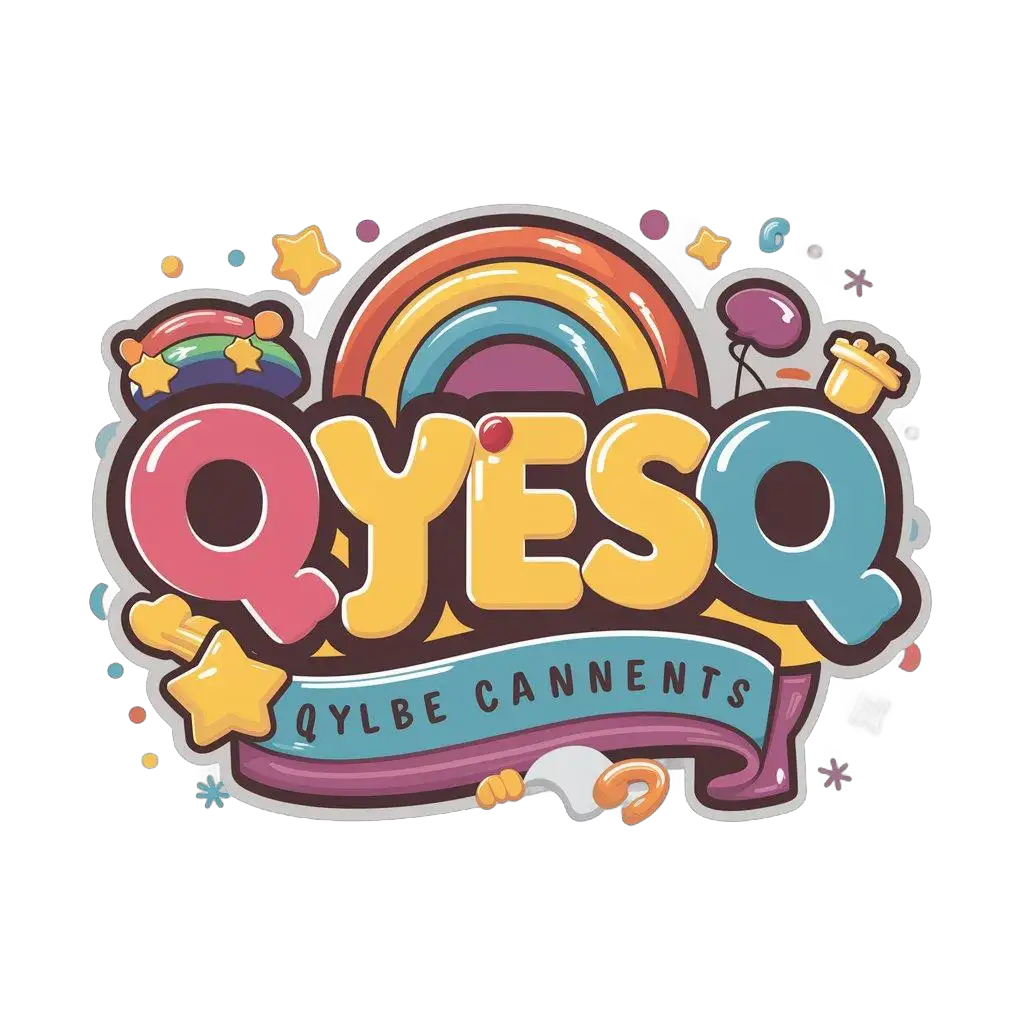 a vector logo design,with the text "QYESQ", main symbol:Create a colorful and engaging banner for a children's YouTube channel called “QYESQ”. The design should use lively and playful colors and include cute elements, toys and fun shapes. The banner should have a cheerful and imaginative look and the text should be easy to read and capture the joy and imagination of childhood. Banners should include elements such as rainbows, balloons and stars to visually appeal to young children and their parents.,complex,clear background