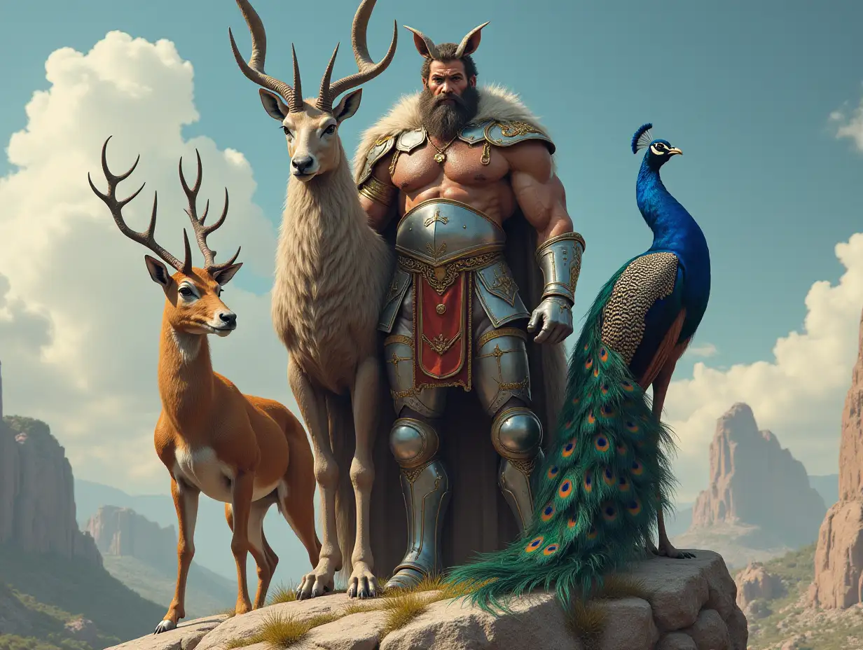 A very detailed photo. A full body representation of an Animal-Hybrid bodybuilder with knight armor and antelope and peacock on a rock