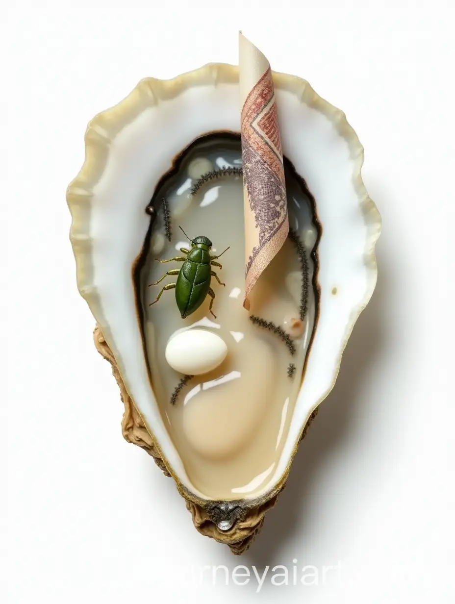 Realistic-Still-Life-Oyster-Revealing-Inner-Anatomy-with-Green-Insect-and-Rolled-Banknote