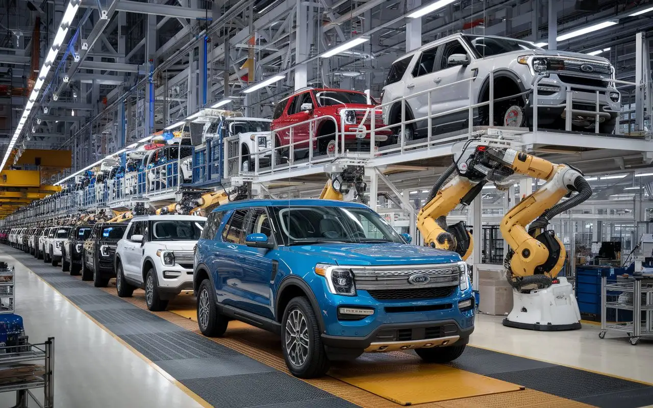 Ford SUV Manufacturing Factory with Robots and Unfinished Vehicles