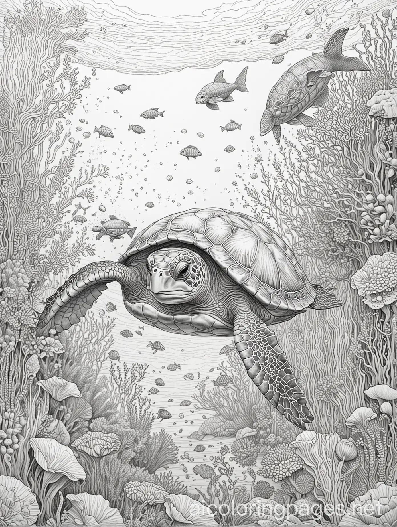 Fantastical-Turtle-Swimming-Among-Jellyfish-and-Dolphin-Coloring-Page