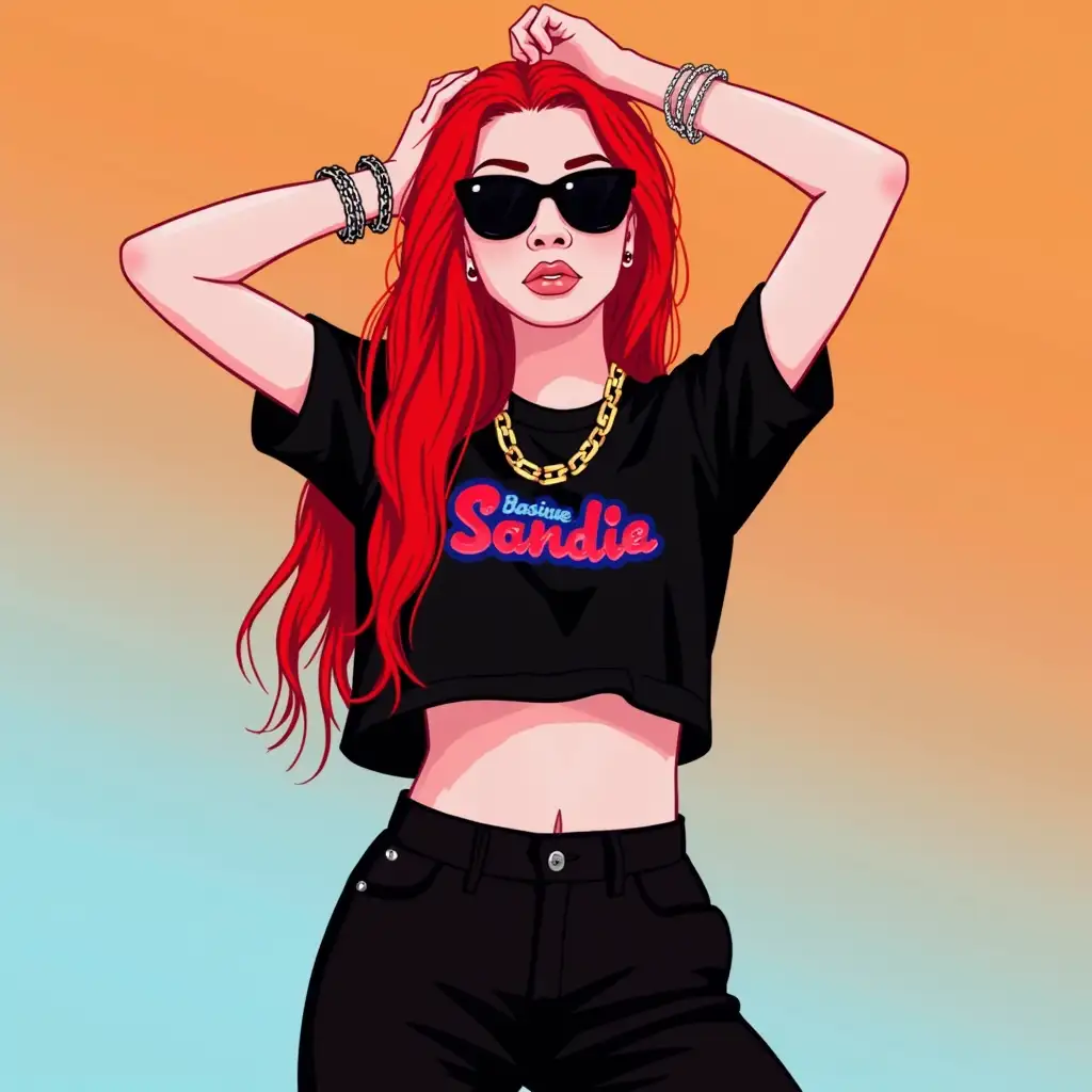 The image is a digital illustration of a young woman with long red hair and sunglasses. She is wearing a black crop top with a red and blue graphic on it and black pants. She has a gold chain necklace around her neck and a silver bracelet on her left wrist. The woman is standing with her right arm raised above her head and her left hand is raised in the air, as if she is dancing or performing. The background is a gradient of orange and blue, giving the image a vibrant and energetic feel.