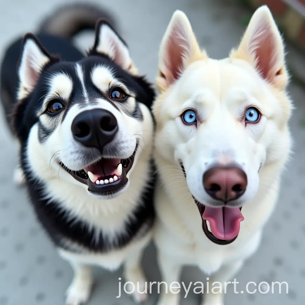 Black-and-White-Husky-and-AllWhite-Husky-Taking-a-Selfie-Together