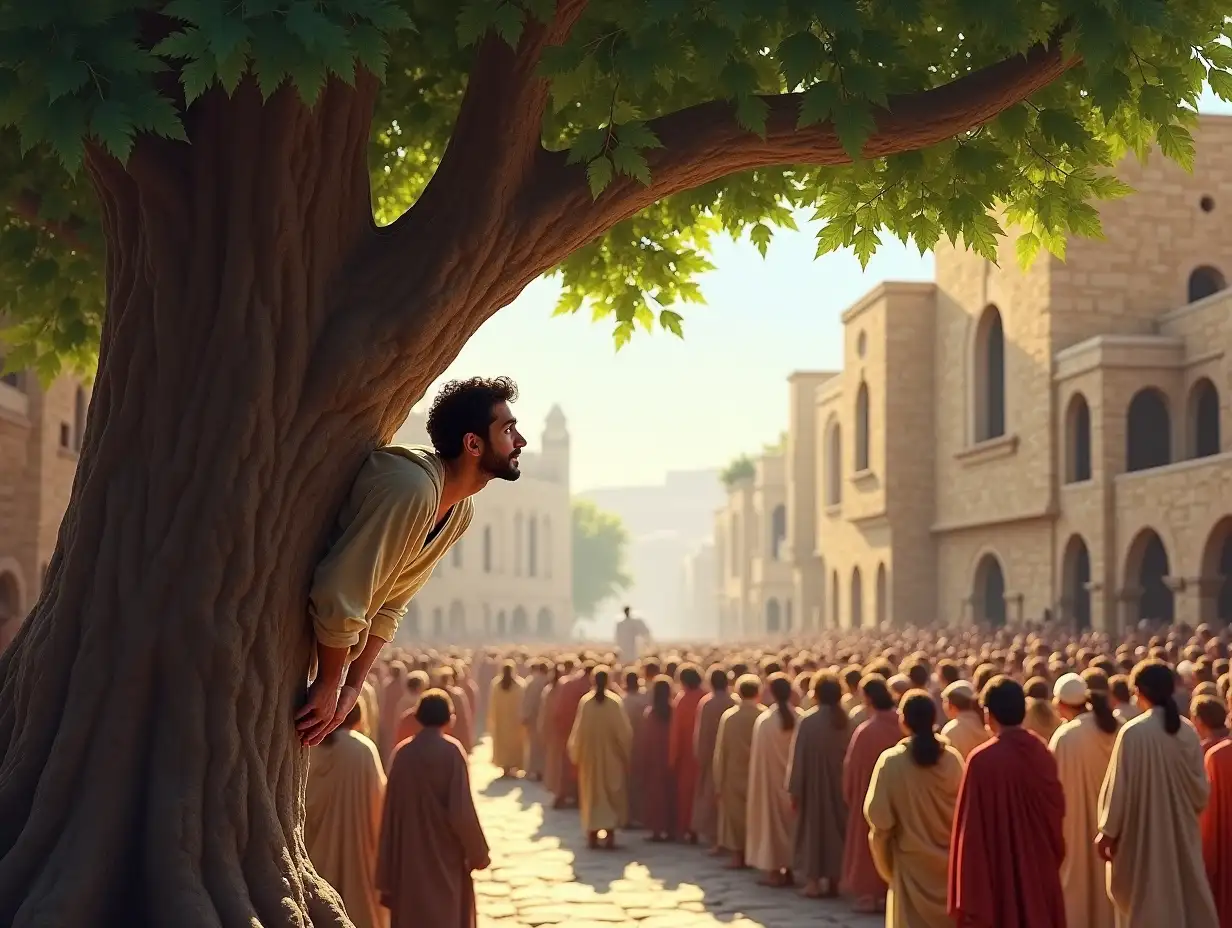 Zacchaeus, a short man with a curious and expectant expression, perched on a sturdy branch of a large sycamore tree. He peers down through the leaves at the bustling crowd below, who are gathered eagerly, waiting for Jesus. The setting includes the ancient city's cobblestone streets and stone buildings, with the sycamore tree’s thick trunk and leafy canopy providing a focal point. The crowd looks excited and anticipatory, with Jesus approaching in the distance.