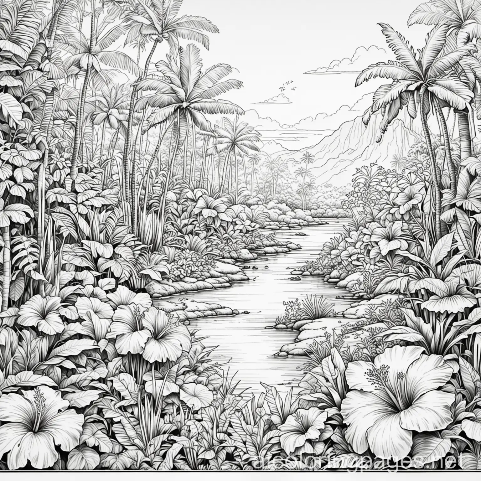 hawaiian garden, Coloring Page, black and white, line art, white background, Simplicity, Ample White Space. The background of the coloring page is plain white to make it easy for young children to color within the lines. The outlines of all the subjects are easy to distinguish, making it simple for kids to color without too much difficulty