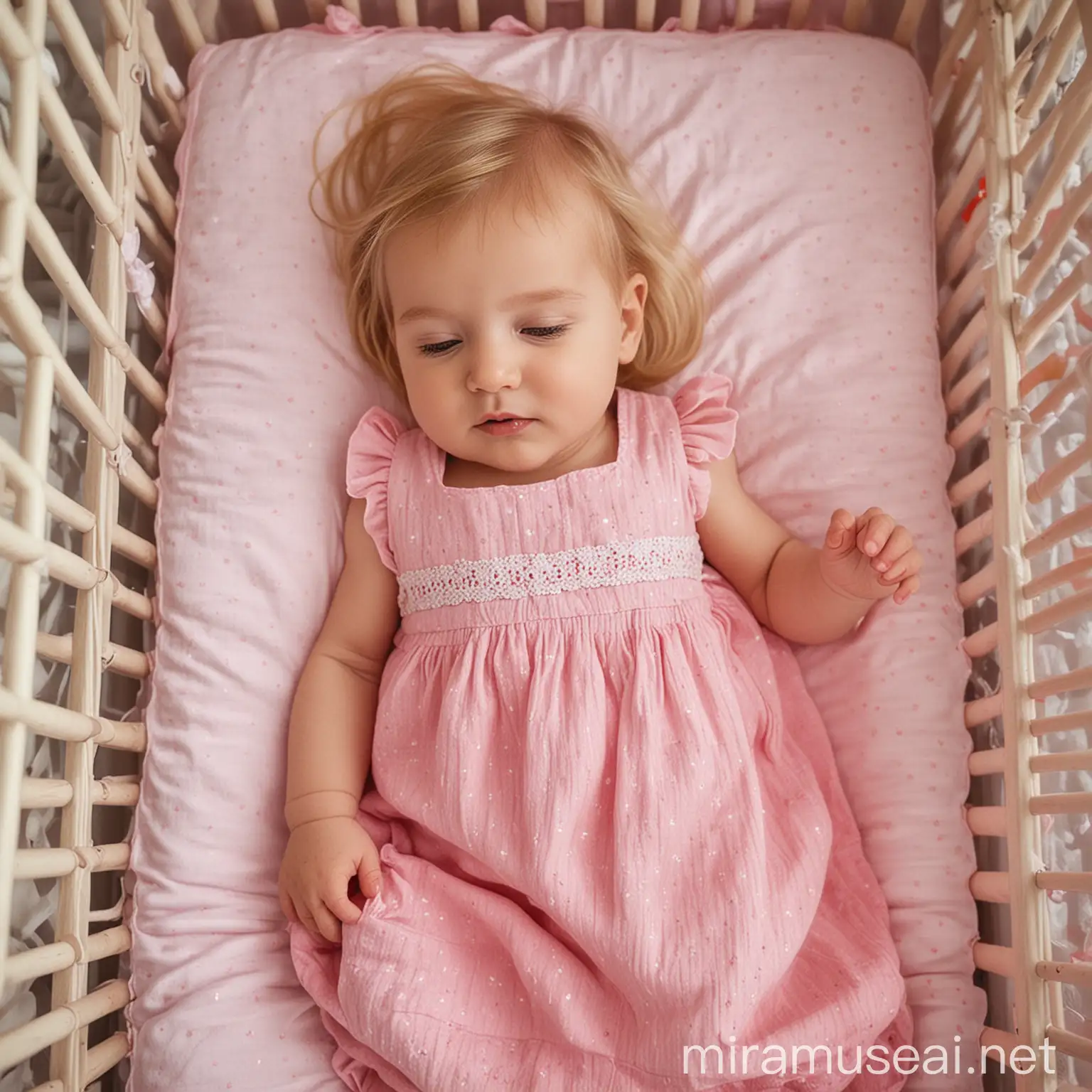 Sleeping Baby Girl in Pink Dress and Crib Cot