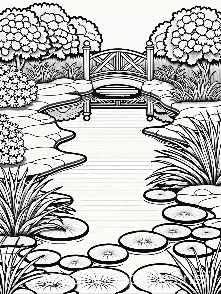 A soothing pond in a garden, Coloring Page, black and white, line art, white background, Simplicity, Ample White Space. The background of the coloring page is plain white to make it easy for young children to color within the lines. The outlines of all the subjects are easy to distinguish, making it simple for kids to color without too much difficulty