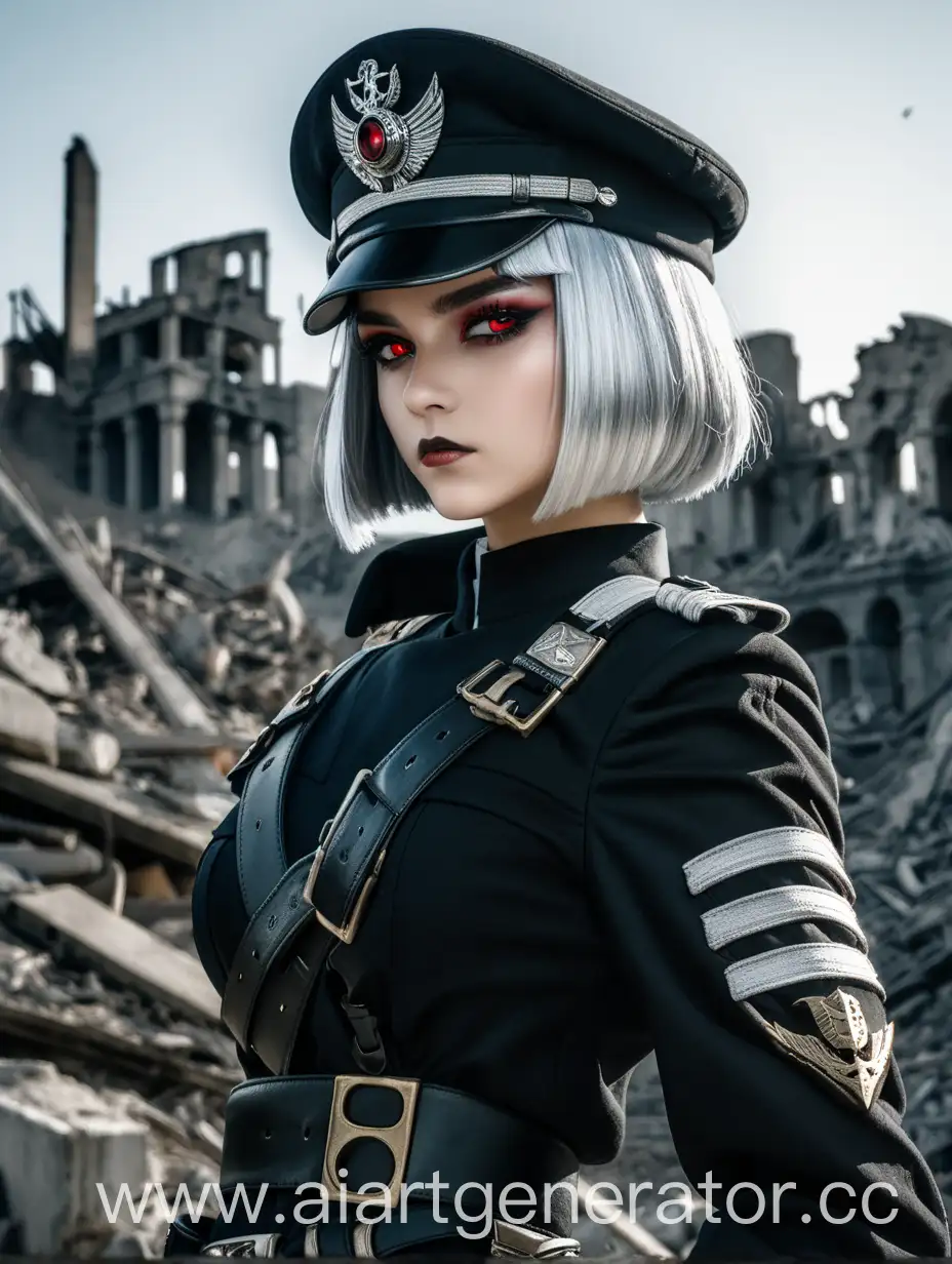 Captain-with-Silver-Bob-Hair-and-Red-Eyes-in-Ruined-City