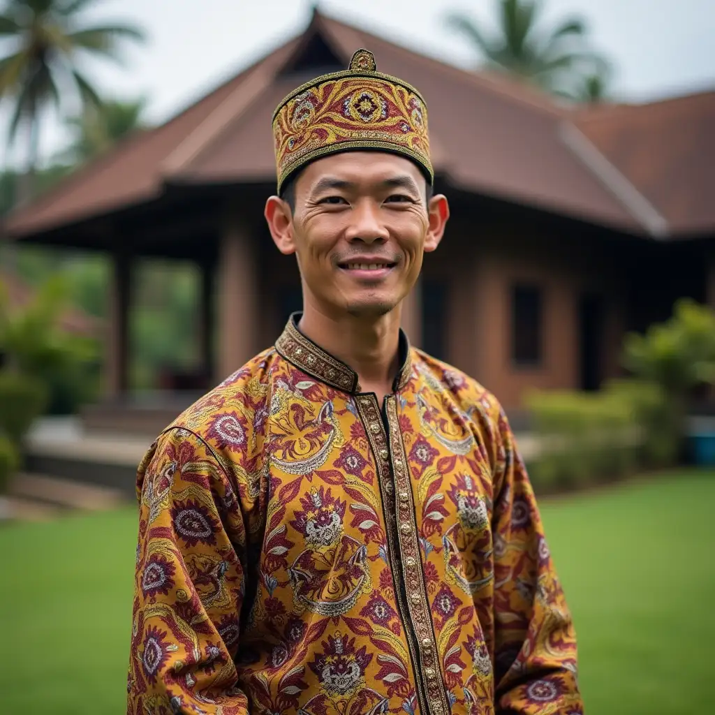 A man wearing traditional Sundanese Indonesian clothing with a backdrop of his traditional house