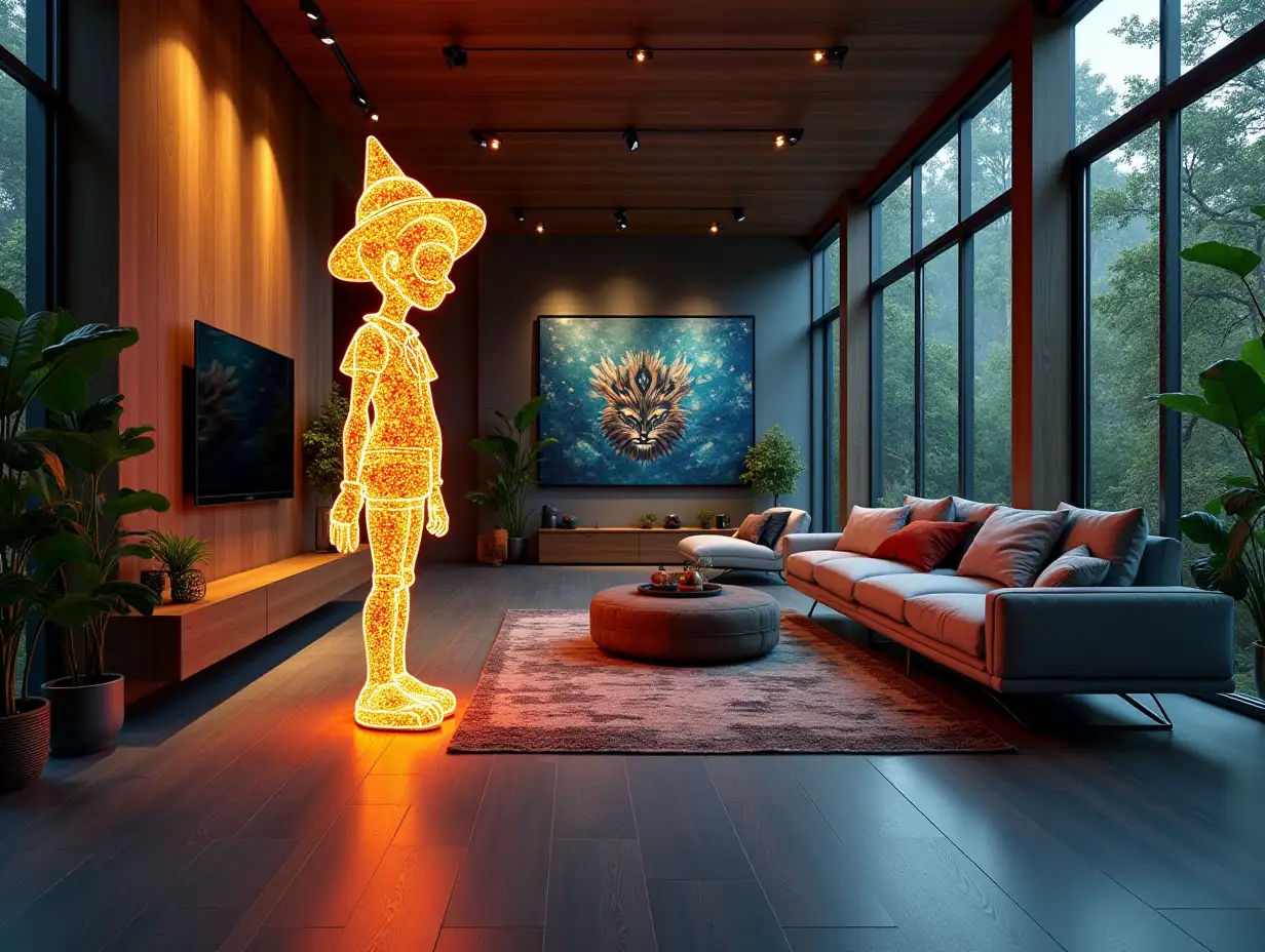 Large modern living room with illuminated colorful metal statue of Pinocchio on the floor.with furniture with plants with Attack on Titan image on the wall Zen-Garden with carefully tended rocks, a meditative 180 Degree shots 8K resolution Vibrant