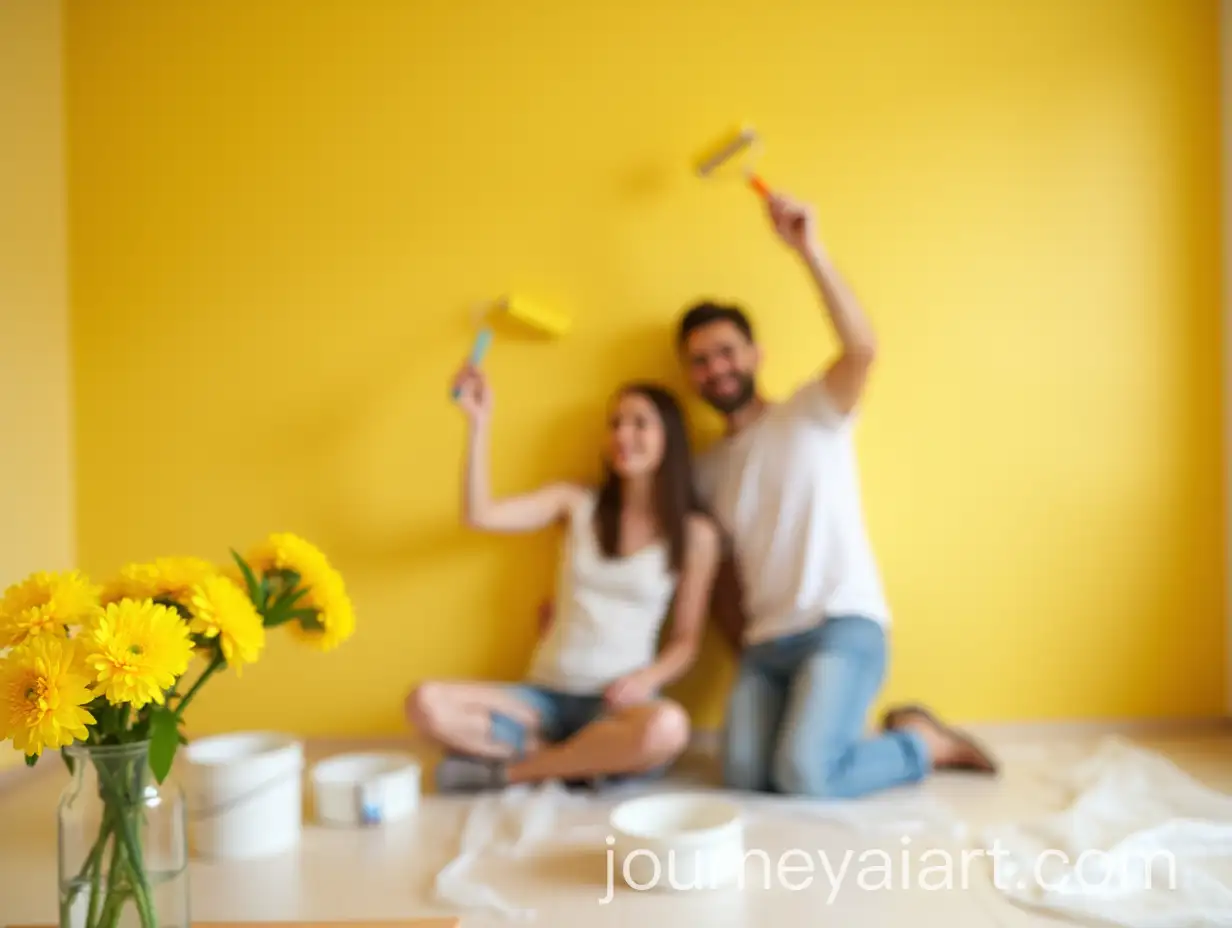 Young-Couple-Painting-Room-Together-with-Yellow-Walls-and-Bright-Flowers
