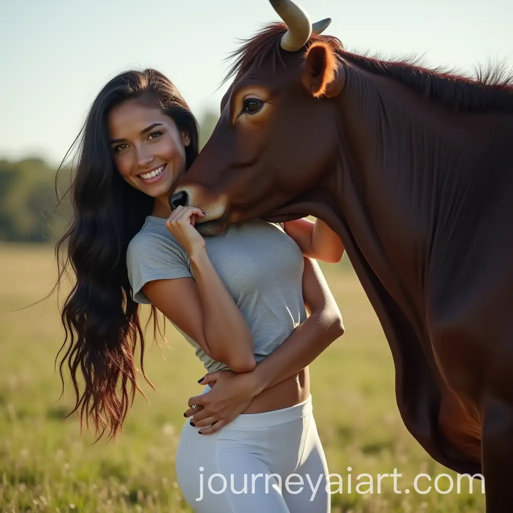 Beautiful-Farmer-Woman-Posing-with-Bull-in-the-Countryside