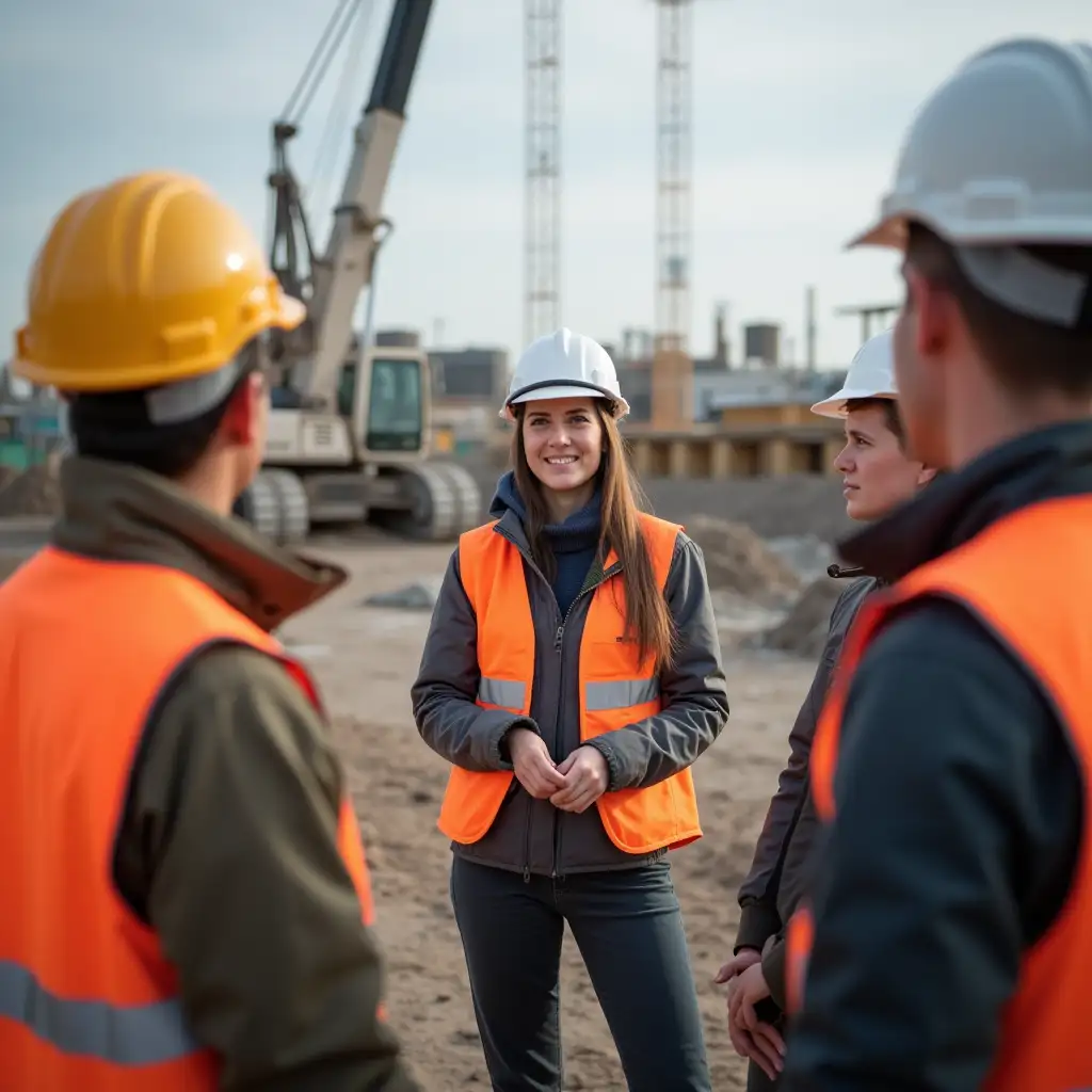 The young female civil engineer is having a meeting with the workers at the construction site.