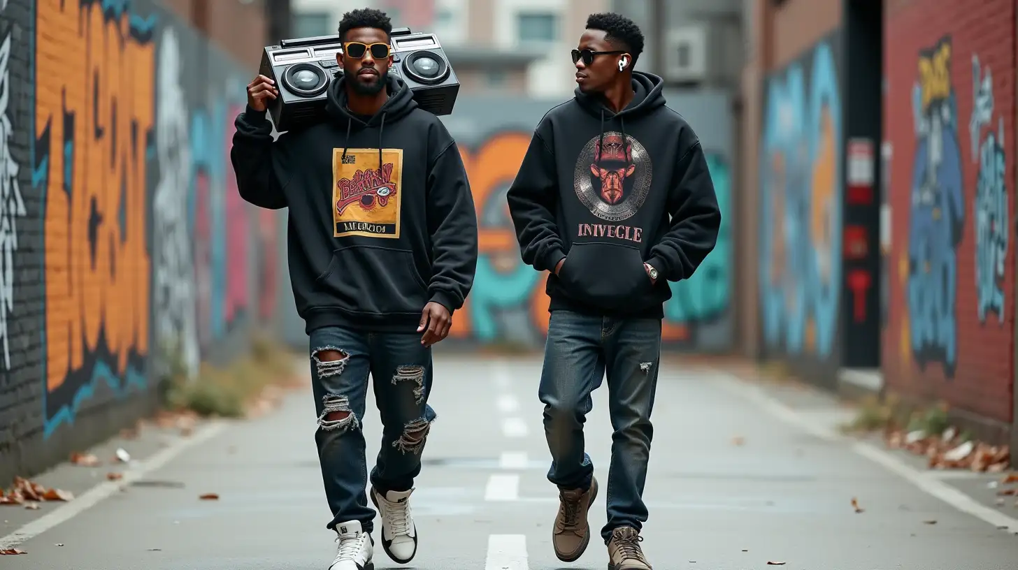 Identical Black Men Walking with Boombox and AirPods in Urban Setting