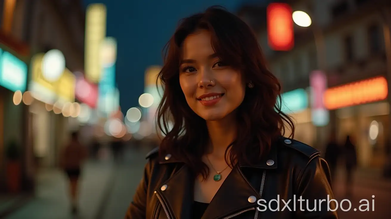 Photograph, woman in leather jacket, nighttime urban setting, blurred background, urban environment, warm lighting, casual attire, relaxed pose, confident expression, modern fashion.the background provide a rich,textured setting,further emphasizing the unique style and attitude of the subject. Shot with a Fujifilm X-Pro3 camera,. ,HDR,UHD,8K,best quality,masterpiece,realistic,cute face,smug,naughty face,light blush,giggling,backlighting,rim_light,moody lighting,Wong Kar-wai movies