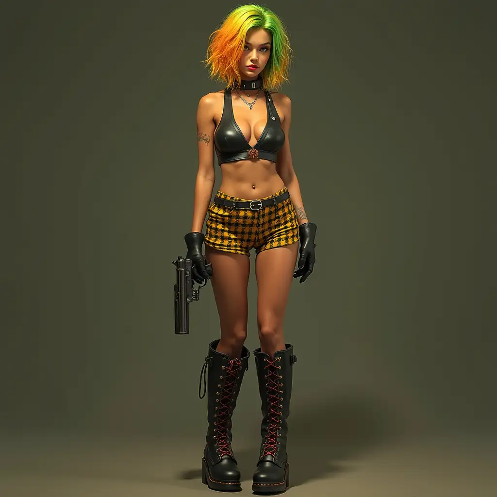 Ultradetailed hyperrealistic photo-realistic portrait of a woman with mixed green-orange colored short hair, black and yellow boots up to the thighs and tight black and yellow checked short pants, and has a 627, caliber 357 Magnum hand texture, surfaces and lighting, to give depth, dimension and a colorful photo-realistic appearance.