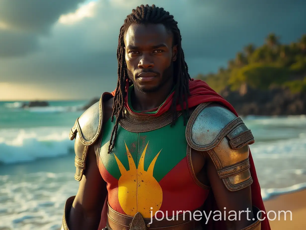 Antiguan-and-Barbudan-Warrior-in-CaribbeanInspired-Armor-on-Serene-Beach