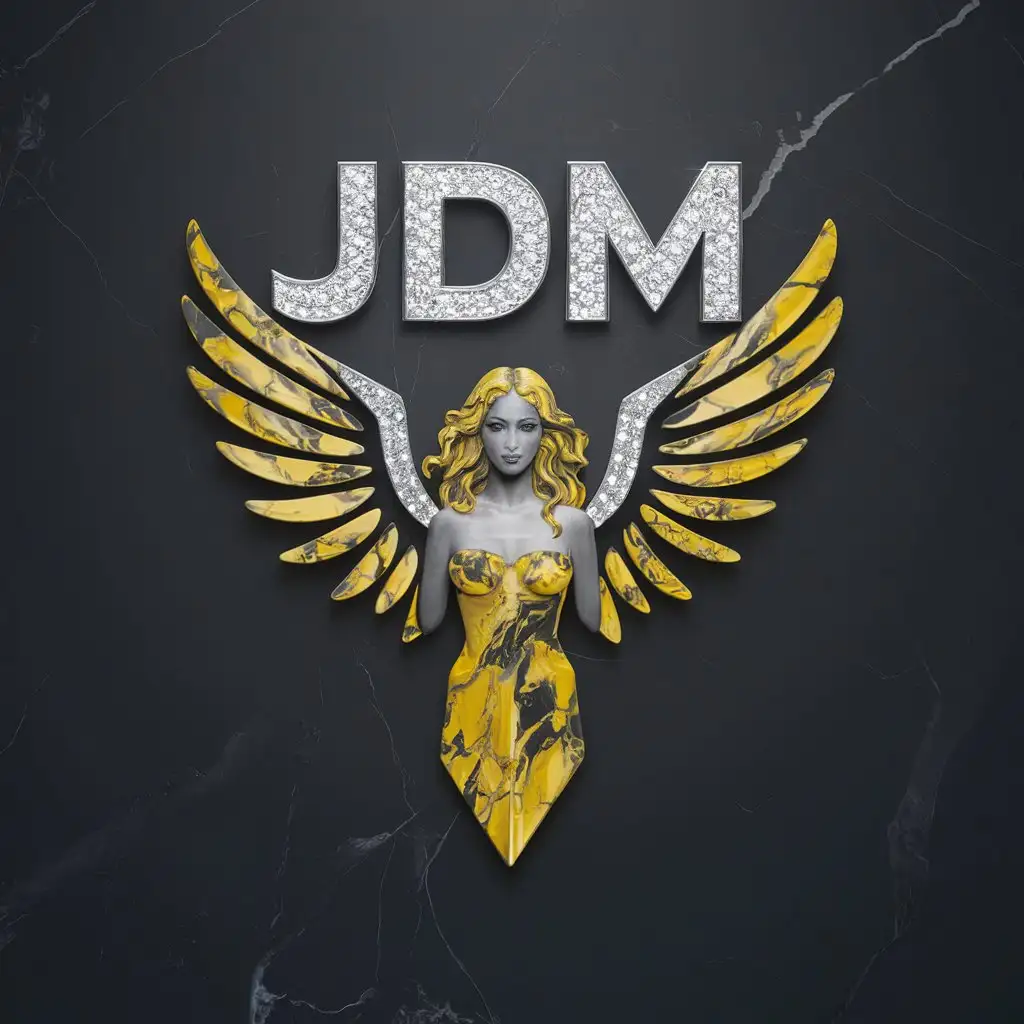 LOGO Design For JDM Realistic 3D Angel Woman with Diamond Letters on Black and Yellow Marble