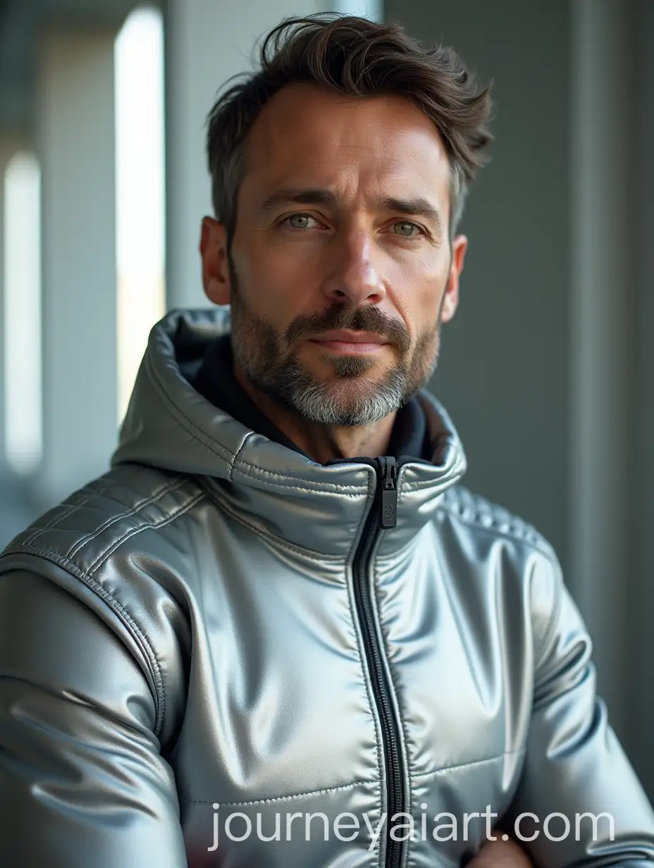 German-Man-in-Futuristic-Silver-Jumpsuit-Looking-at-Camera