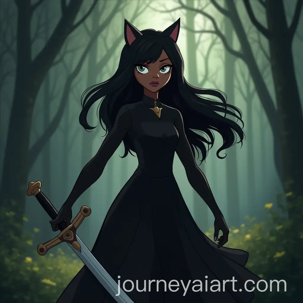 Powerful-Animated-Girl-in-Black-Dress-with-Sword-in-Forest
