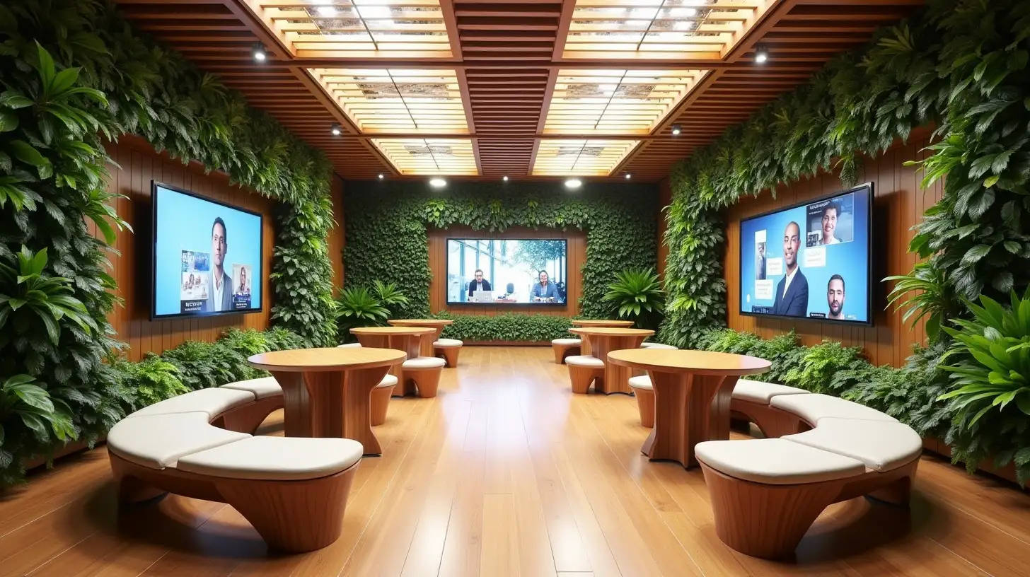 A modern innovation center blending technology with warmth, featuring vertical gardens of lush tropical plants and warm wooden panels. Two large TVs are mounted on opposite walls, displaying collaborative content. The ceiling integrates soft LED lighting with skylight panels framed by wooden latticework. The flooring is polished wood, paired with unique, functional furniture like modular workstations, sculptural ergonomic chairs, and collaborative pods with soft upholstery. Statement pieces like wooden benches with organic curves enhance the inviting and innovative ambiance, seamlessly merging natural elements with cutting-edge technology