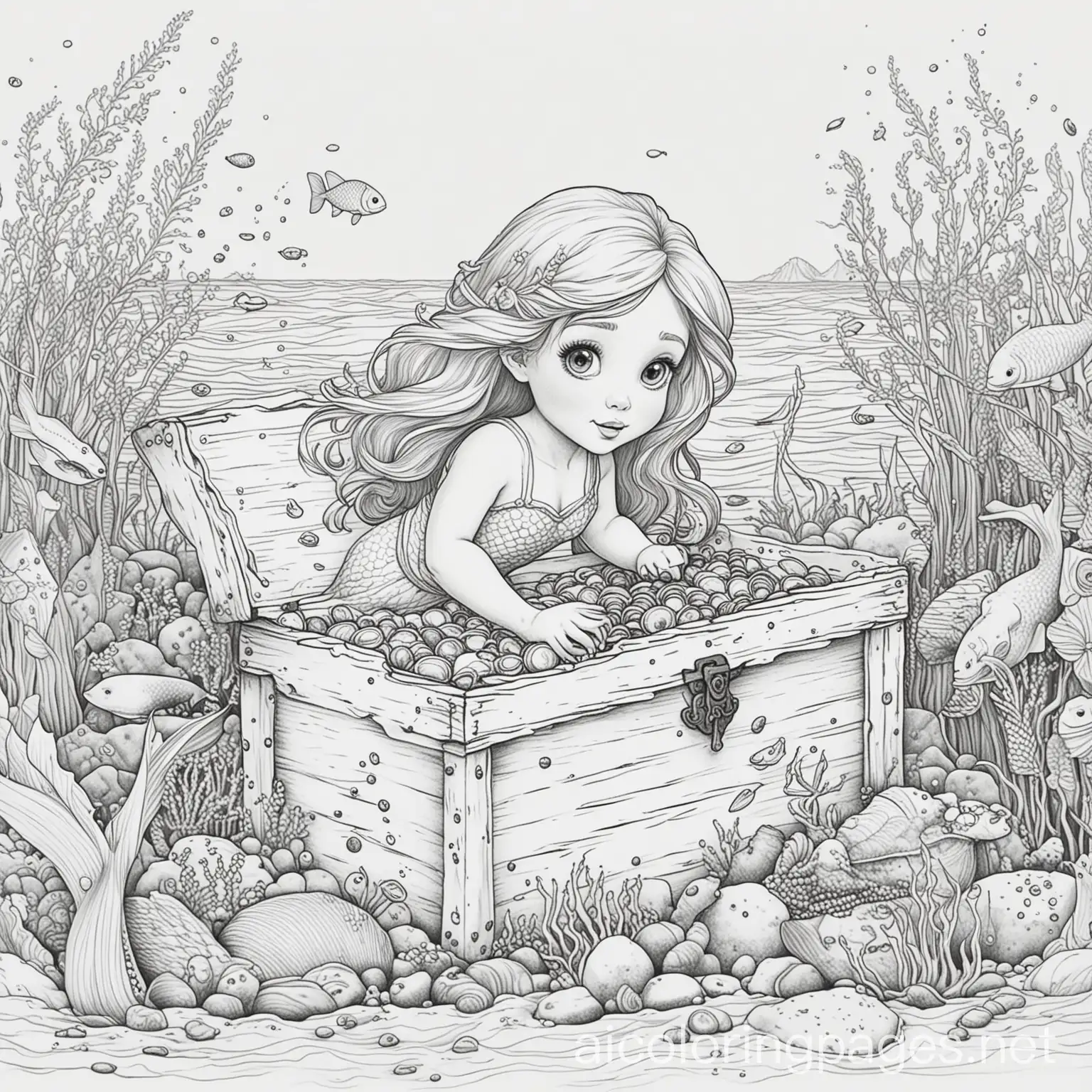 Young-Mermaid-Discovers-Treasure-Chest-Coloring-Page