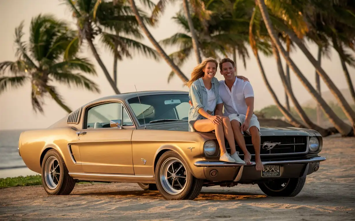 1965 mustang parked on beach,palm trees, 25 year old man and woman sitting on car,facing camera,smiling[8k], in front of car car,late sunset