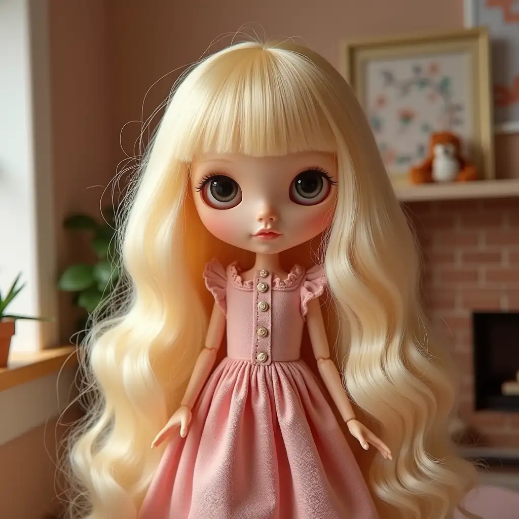 Blythe doll,with blonde hair,with black eyes, in beautiful dollhouse