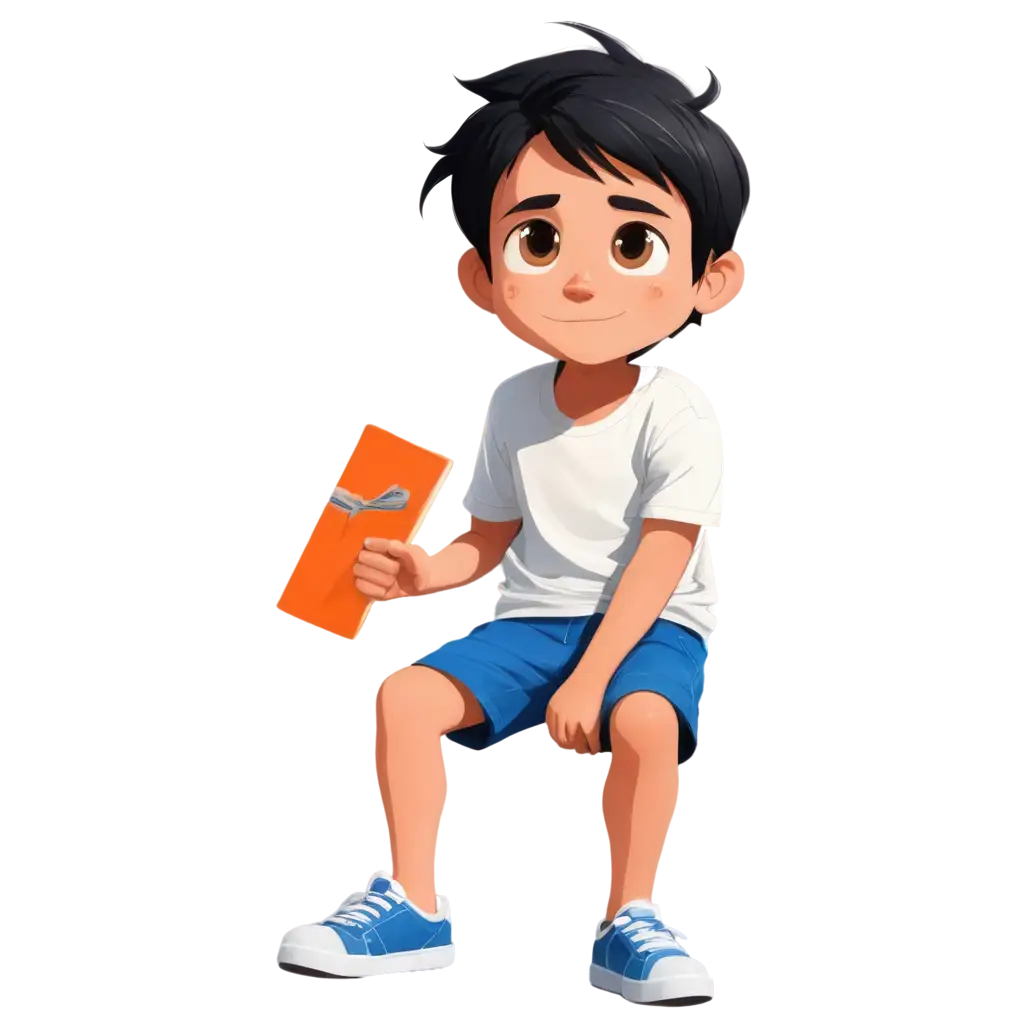 PNG-Cartoon-Illustration-of-BlackHaired-Boys-in-White-TShirt-and-Blue-Shorts-Wondering-Cute-Simple-Style