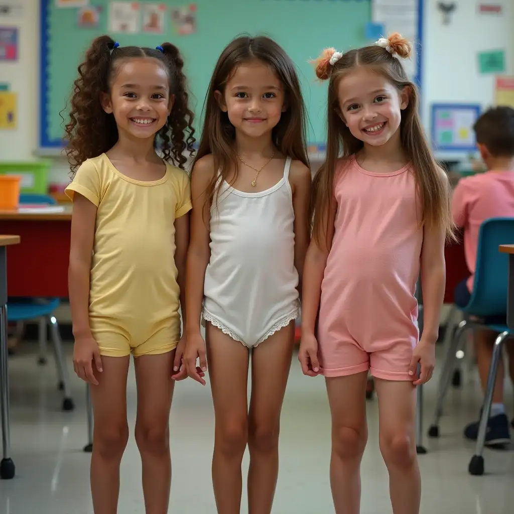 Three-Skinny-Little-White-Girls-Posing-in-First-Grade-Classroom-with-Shiny-Skin