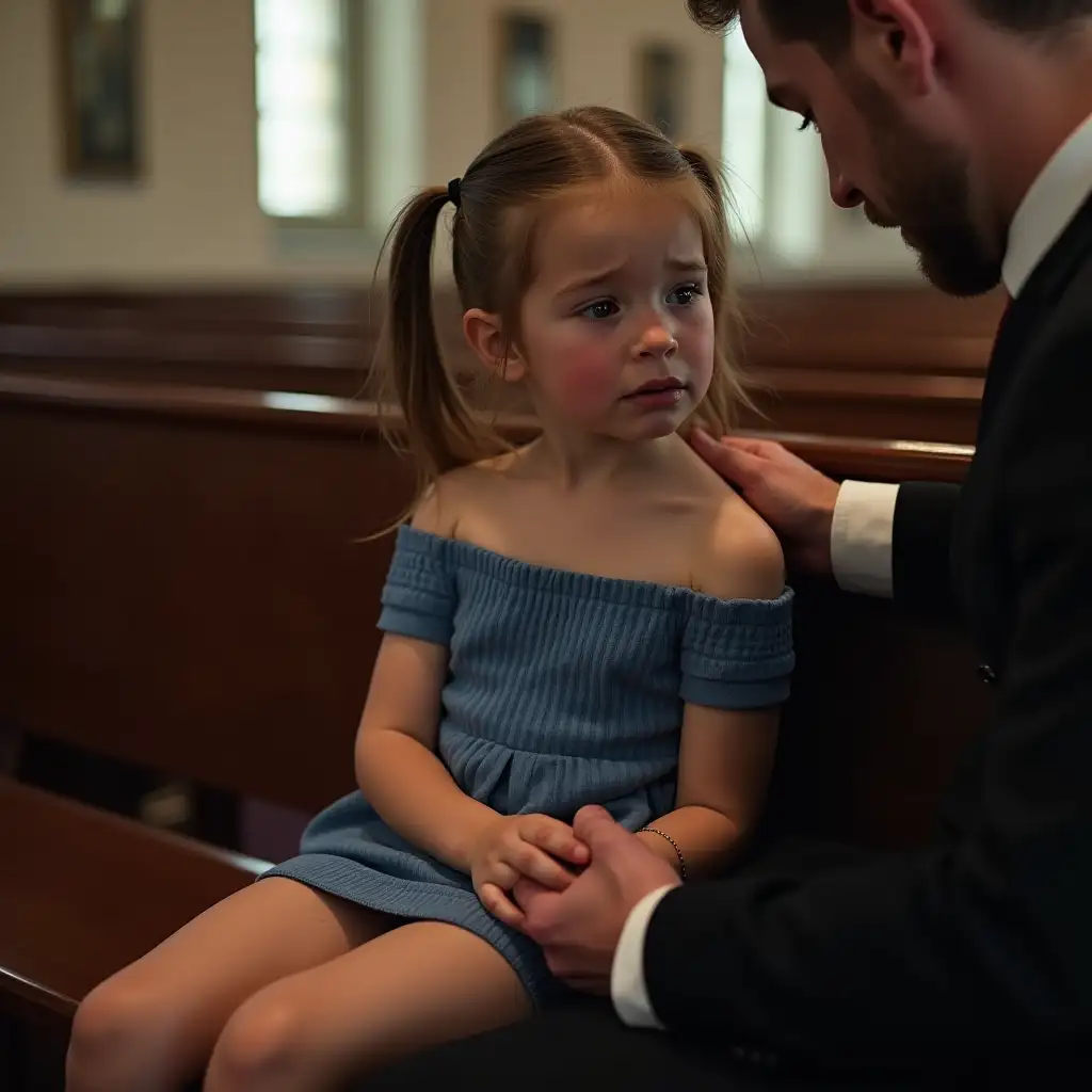 Little-Girl-in-Blue-Minidress-Crying-in-Empty-Church-with-Pastor-Consoling