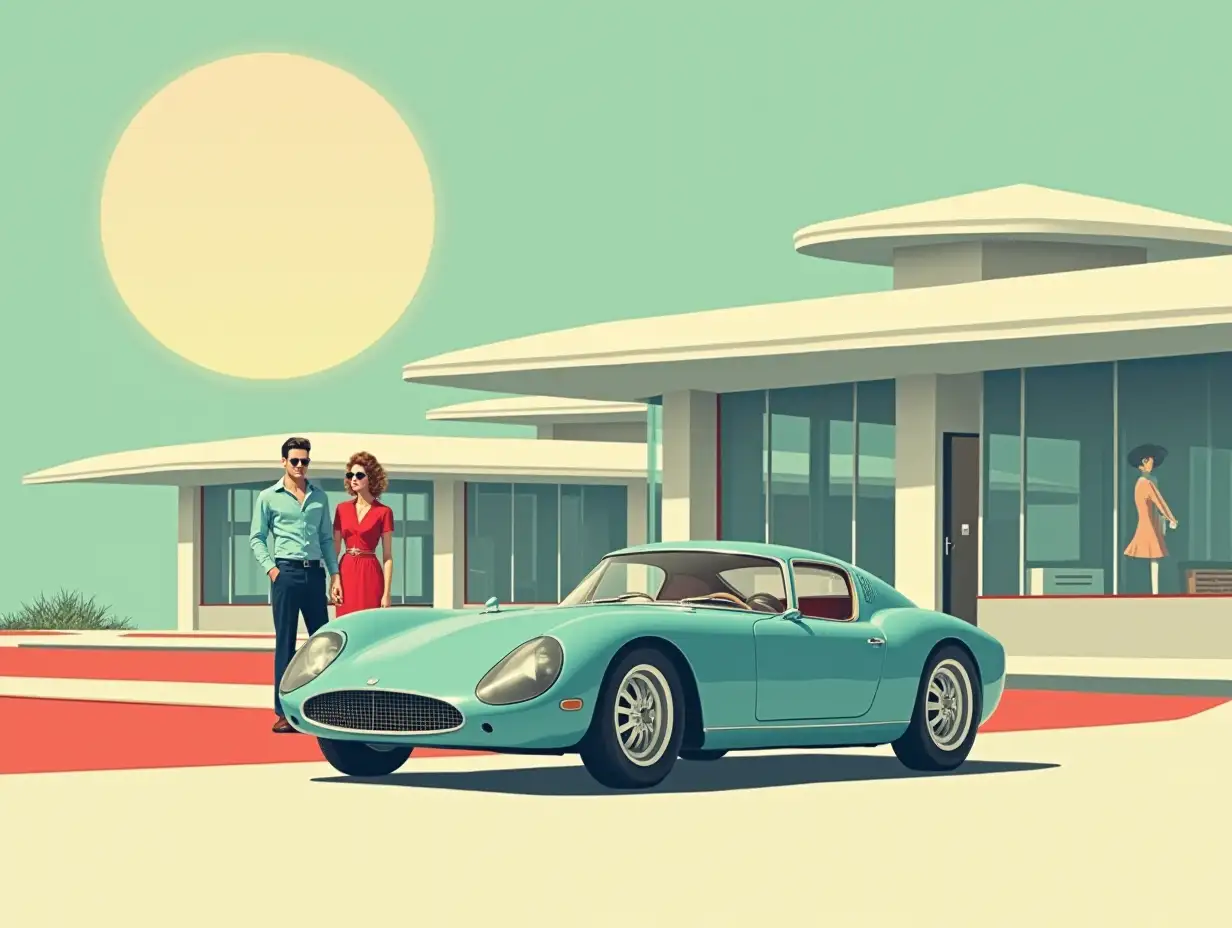 A highly stylized vintage advertisement from the early 1960s in a midcentury modern aesthetic. A Bugatti sportscar is the centerpiece. The car is presented in front of a retro-futuristic housing area with Googie-style roofs and large, glass windows reflecting a pastel sunset. The color palette is harmonious and sophisticated, blending muted blues, pastel greens, and creamy whites for a modern yet nostalgic feel. A stylish couple dressed in sharp, 1960s fashion stands nearby, exuding luxury and aspiration. The overall composition is minimalist, with ample negative space and clean, geometric design elements reflecting the midcentury aesthetic.