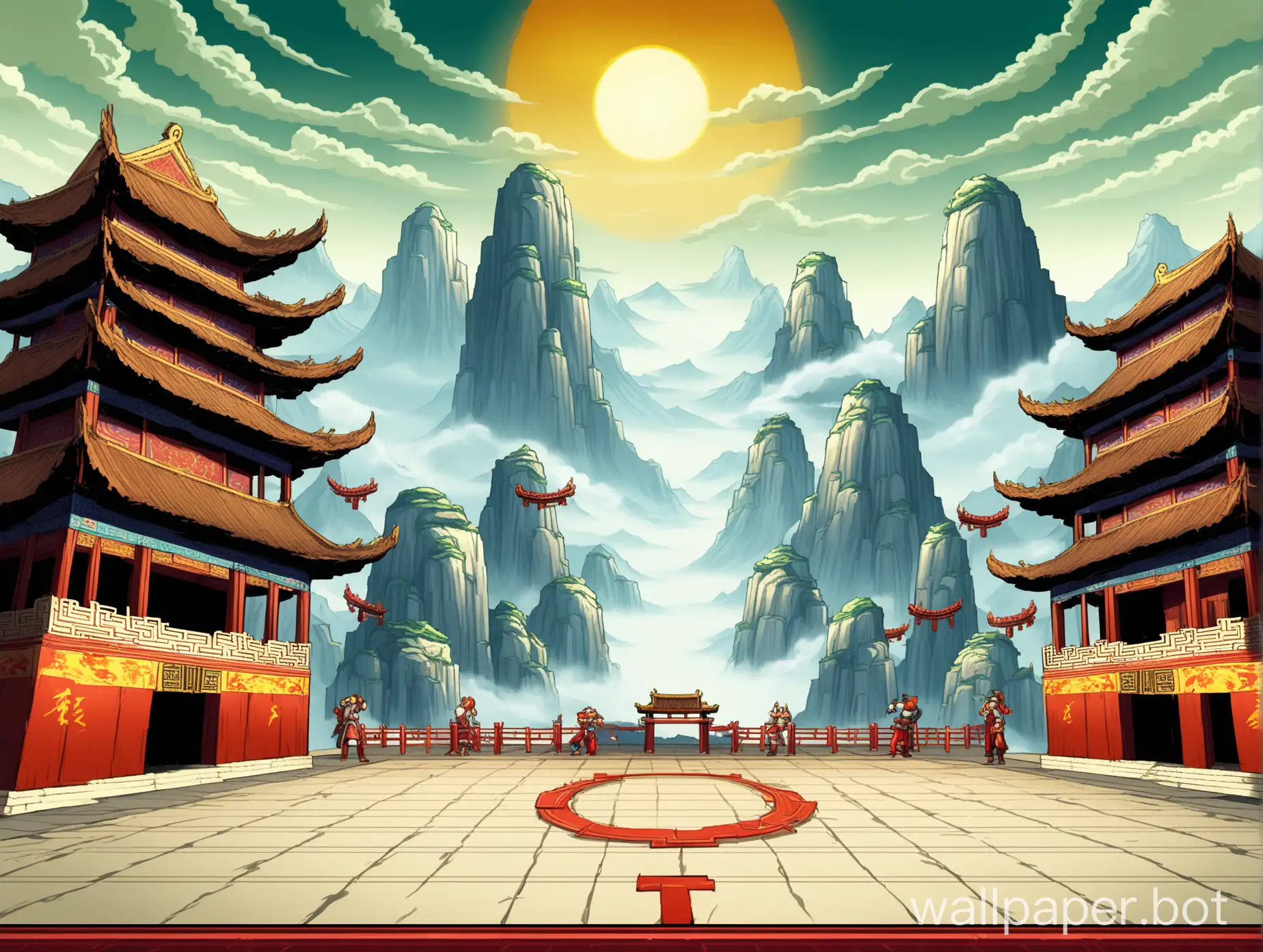 2d videogame fighter stage, 2d videogame ring level, fighting game stage, floor level perspective, ancient china, floor level, huge towering mountains and temples in the sky