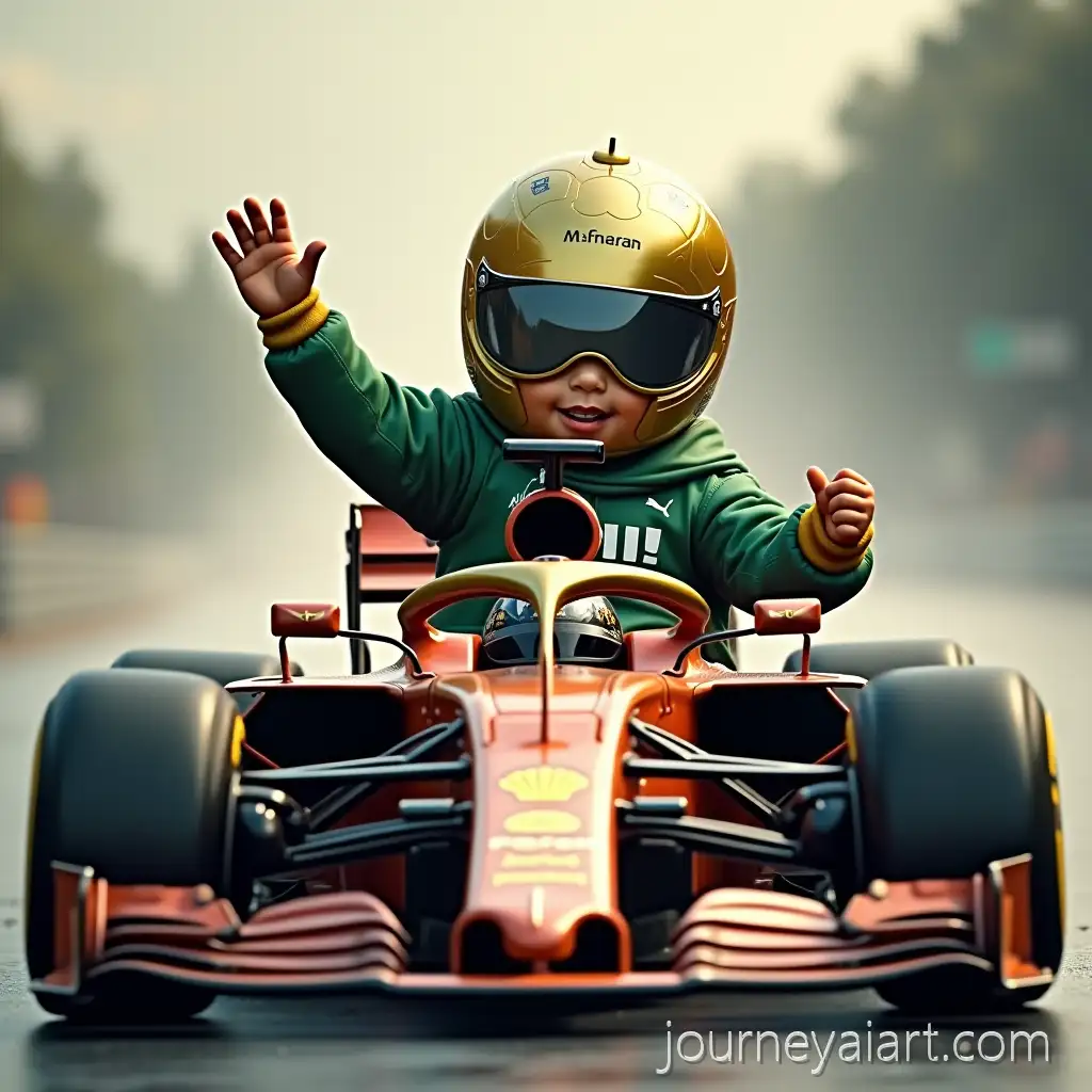 Baby-Driving-McLaren-F1-Car-Overtaking-Max-Verstappen-with-Superhero-Cheerleader