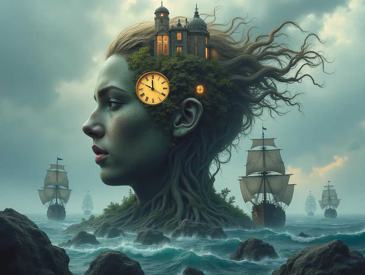 Face with hair transformed into a building with lit up clock and roots on an island with sea ships giant snake with large stones and big waves