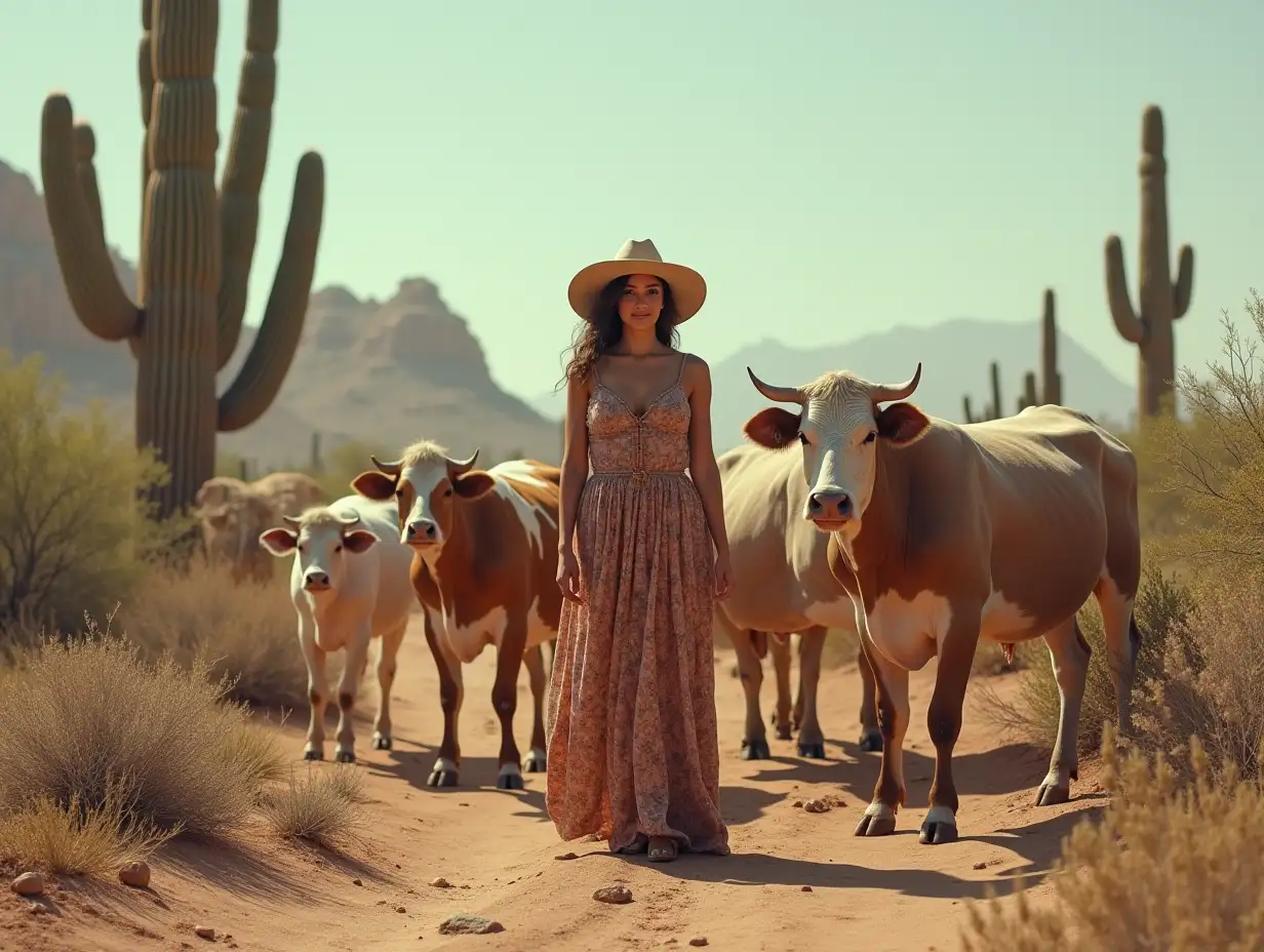 A very detailed photo. A full-body representation of a woman with cows and pigs at a oasis in the desert with cacti