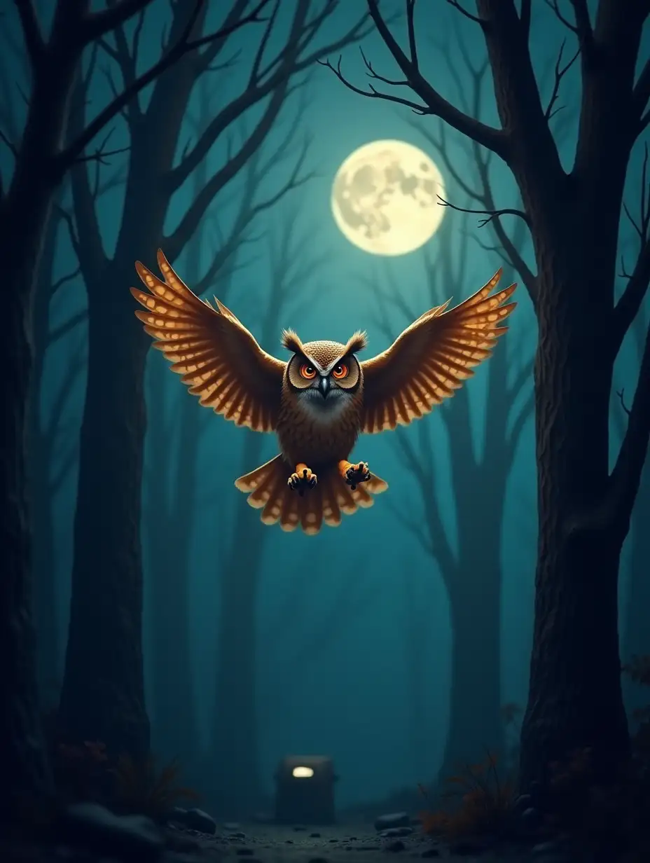 forest. night Owl🦉, flying over the forest and holding Pac-Man in its paws