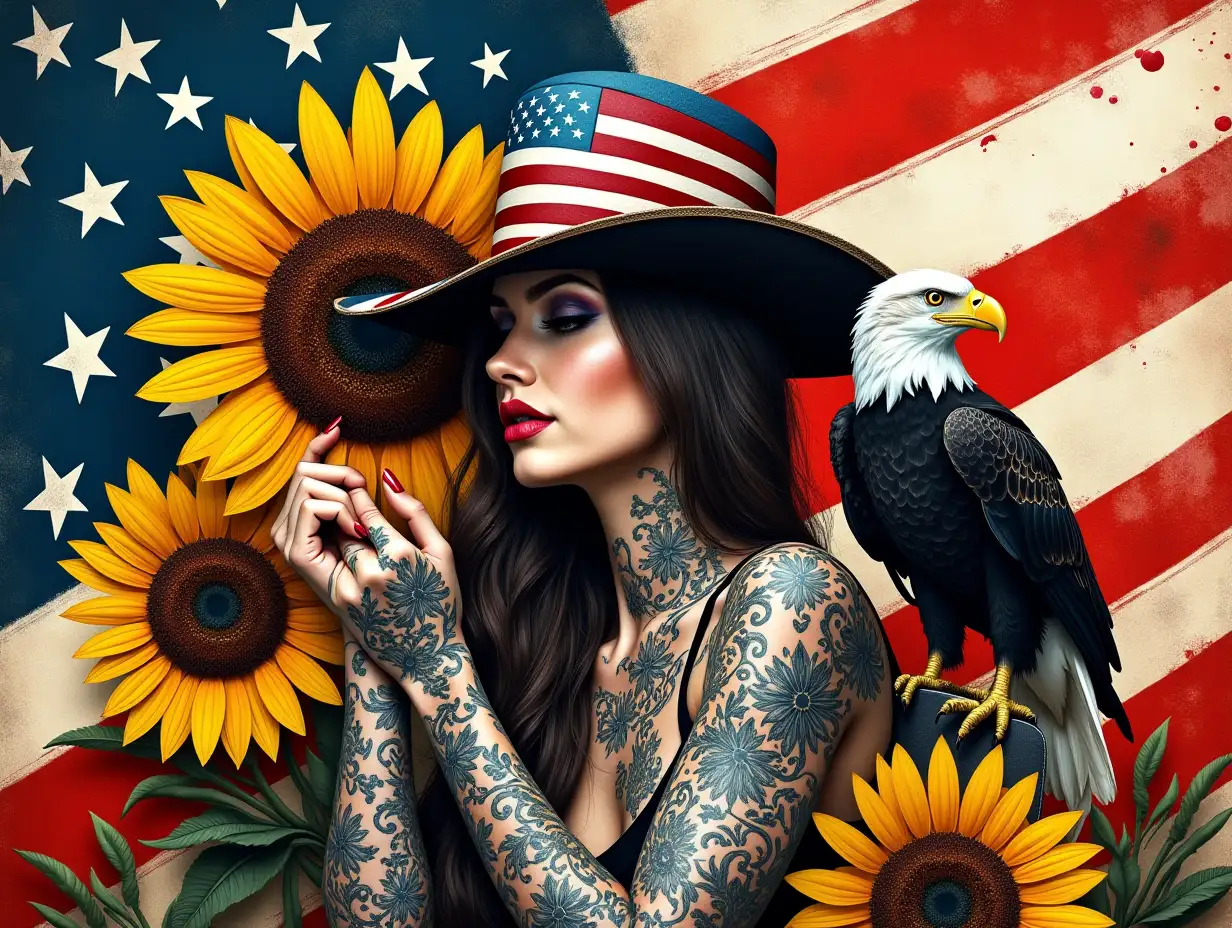 A stylish woman wearing a cowboy hat with the American flag design, partially hiding her face behind a large sunflower. Her arms are covered in intricate black-and-gray floral tattoos. Surrounding her are sunflowers, some in vibrant yellow and others in black and white. A majestic bald eagle perches on her shoulder, holding a small American flag. The background features a bold, artistic rendition of the American flag with a dynamic, grunge-style texture and splashes of paint. Alcohol Ink, neon