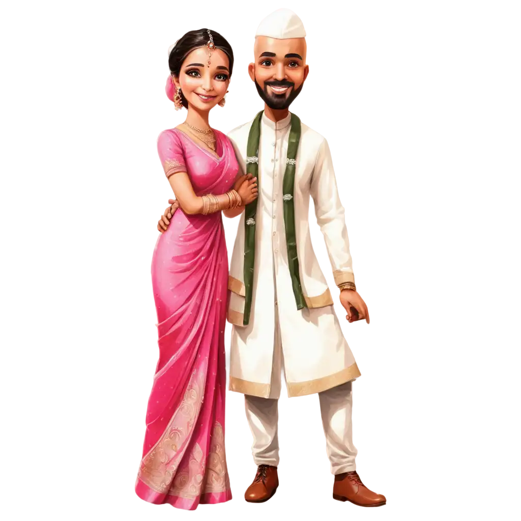 Hindu-Punjabi-Wedding-Caricature-PNG-Bride-in-Pinkish-Saree-Groom-with-Bald-Head-in-Traditional-Attire