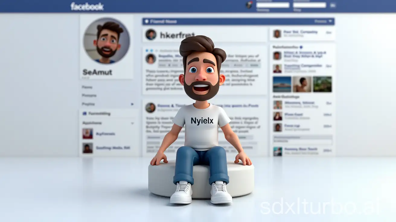 Create a 3D illustration of A realistic male human character sitting on a logo of social media with a friendly face wearing white sneakers, blue jeans, and a white t-shirt labeled 'Nyielx', superimposed over a social media page interface for Facebook. Various elements of the social media interface are visible including profile pictures, friend count and posts. The background of the image is a social media profile page with a user name “SeAmut” and a profile picture