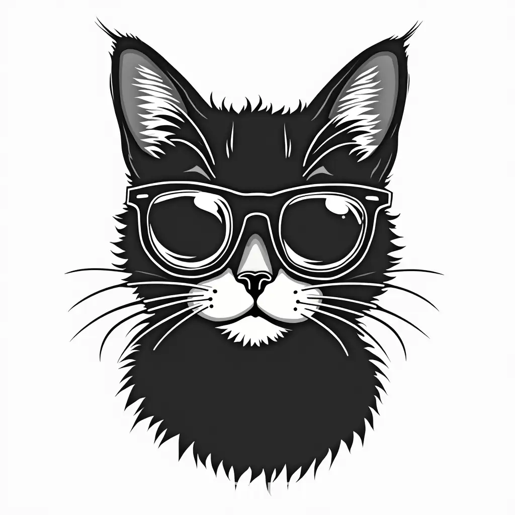 Vintage Cat with Glasses Vector Logo in Minimalist Black and White Design