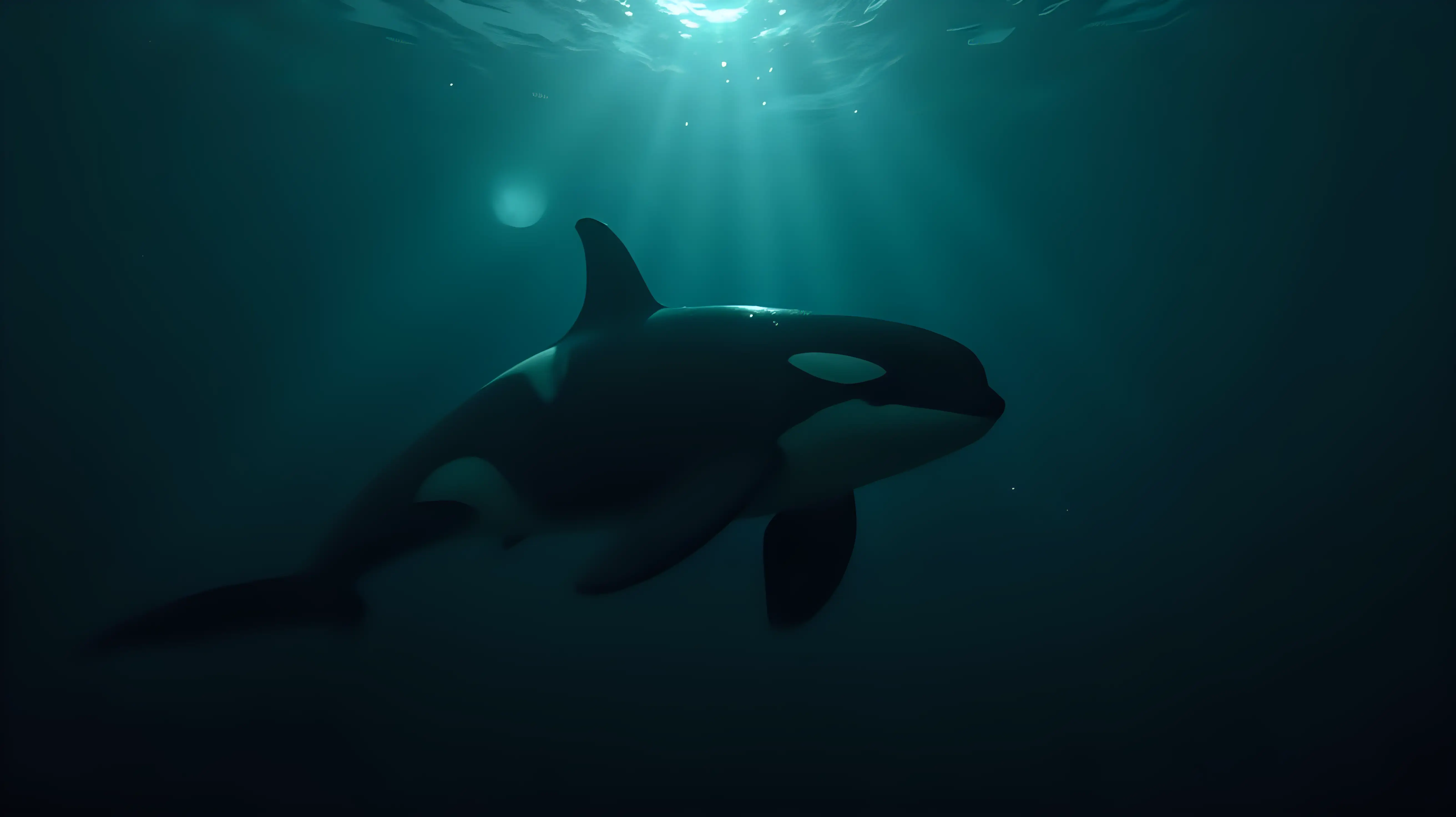 A haunting underwater shot of a massive orca swimming silently through the inky ocean depths, its sleek black-and-white body illuminated by faint bioluminescent glows, eyes glowing subtly with a supernatural hue, trails of light particles floating around it, the surface far above barely visible through dense shadows, a full moon casting light beams into the abyss, captured with a Sony A1, 16mm f/2.8 lens, cinematic color palette with dark teal tones and glowing accents