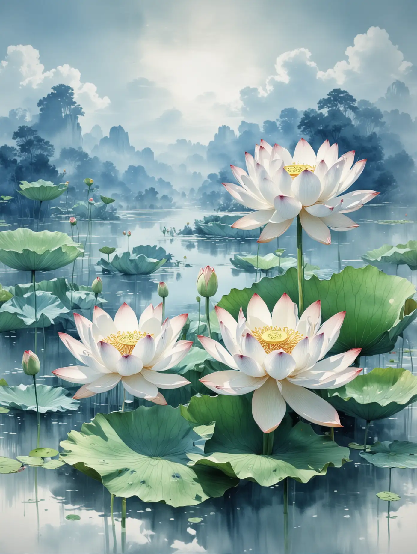 Lotus Flower in Tranquil Watercolor Landscape with Auspicious Clouds