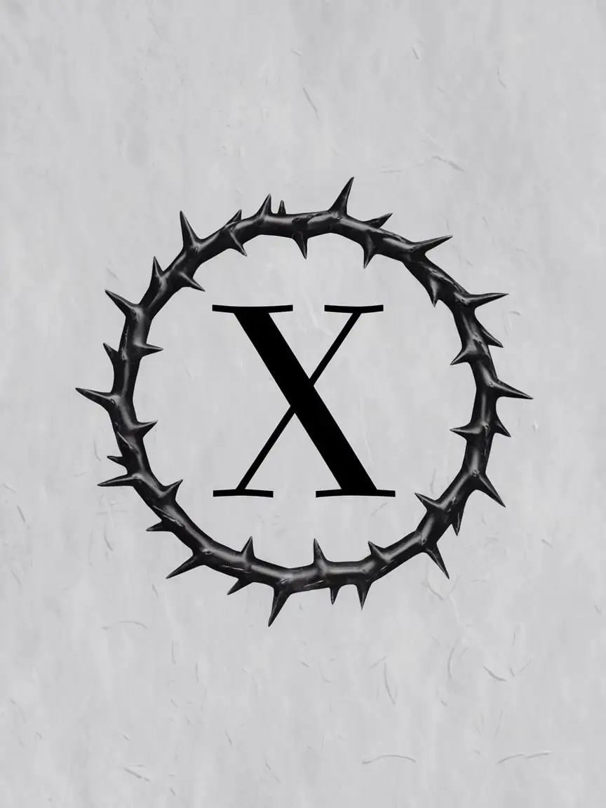 white background, in the center is a simple black thorn ring, inside the ring is a black letter X, without any other elements