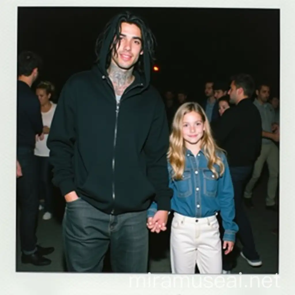 A polaroid picture of an attractive, young man in his 30s, he has long black hair, he is a celebrity, he is wearing a black hoodie, the hood over his head, he has a visible neck tattoo, holding the hand of his daughter, his daughter has blonde hair, is wearing white linen pants and a blue shirt, , the picture has been taken at a party at night, with the flash on, he is wearing oversized jeans